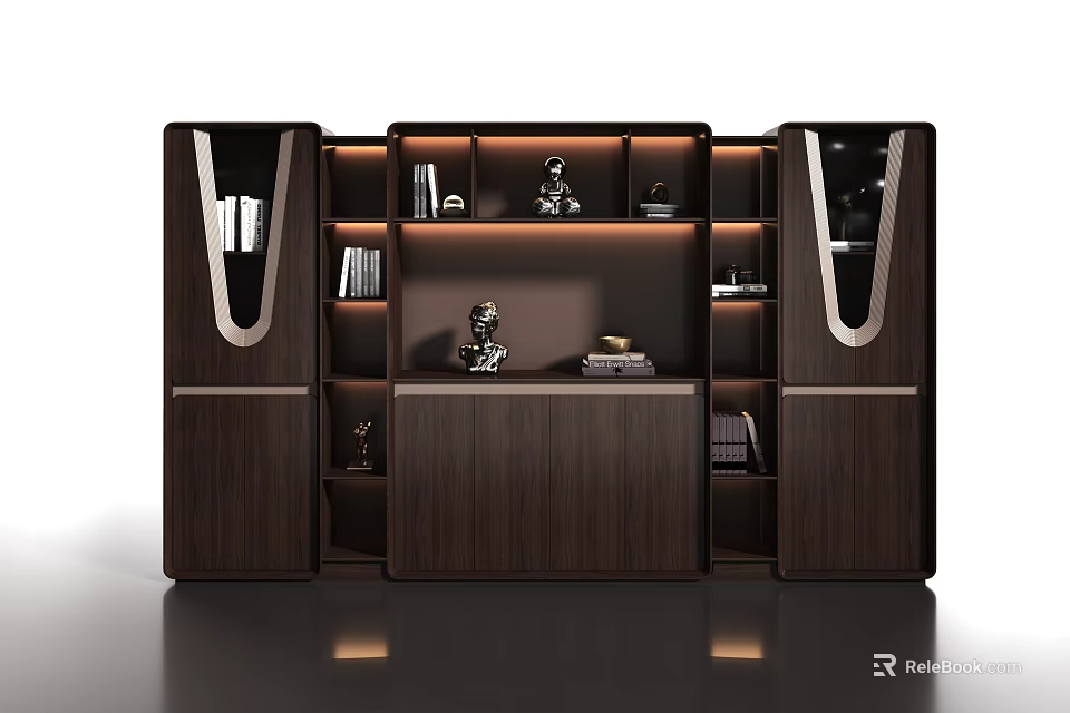 Modern Dark Wooden File Cabinet with Glass Doors Shelves and Decorative Items 3d model 