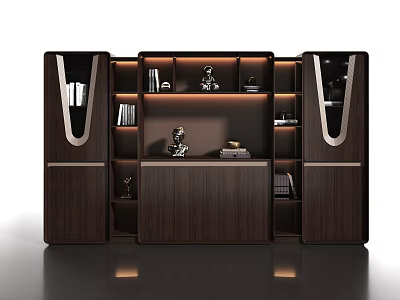 Modern Dark Wooden File Cabinet with Glass Doors Shelves and Decorative Items 3d model