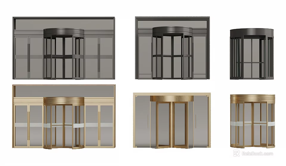 Various Revolving Door Designs With Black And Gold Frames And Glass Panels 3d model 
