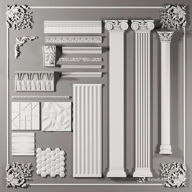 Detailed Carved Decorative Elements Including Cornices Columns Panels and Geometric Patterns 3d model 