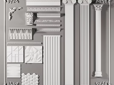 Detailed Carved Decorative Elements Including Cornices Columns Panels and Geometric Patterns 3d model