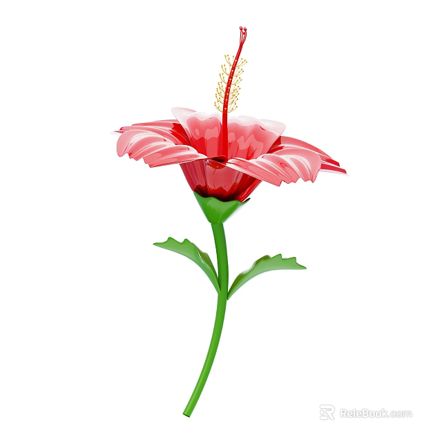 Vibrant Red Hibiscus Flower With Pink Petals Long Stamen And Green Stem Leaves 3d model 