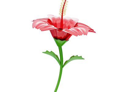 Vibrant Red Hibiscus Flower With Pink Petals Long Stamen And Green Stem Leaves 3d model
