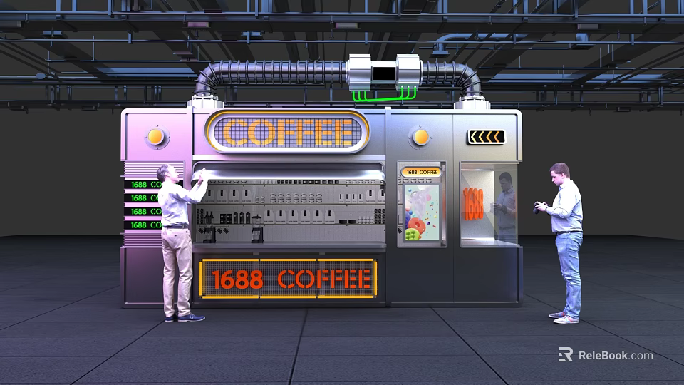 Coffee Display Shelves With Modern Design Digital Screen Buttons And People Interacting 3d model 