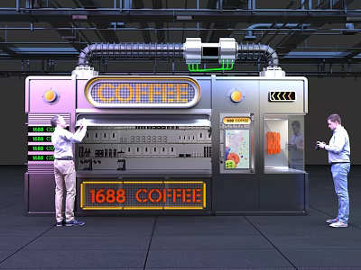 Coffee Display Shelves With Modern Design Digital Screen Buttons And People Interacting 3d model
