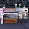Coffee Display Shelves With Modern Design Digital Screen Buttons And People Interacting