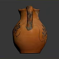 Orange Pottery Jug With Carved Black Figures And Floral Designs Sculpture