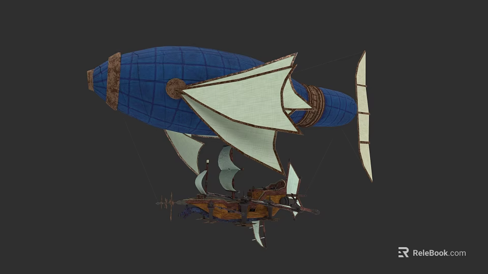 Vintage Sailing Ship Airship Design With Blue Balloon And White Sails 3d model 