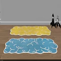 Kids Room Interior With Soft Cloud Shaped Yellow And Blue Rugs And Rocket Toys