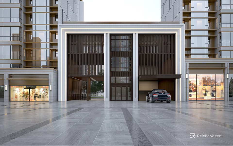 Modern Entrance Gate With Glass Panels Metal Frame And High rise Buildings In Front Plaza 3d model 
