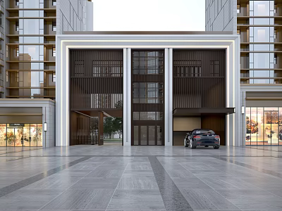 Modern Entrance Gate With Glass Panels Metal Frame And High rise Buildings In Front Plaza 3d model