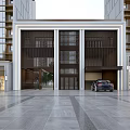 Modern Entrance Gate With Glass Panels Metal Frame And High rise Buildings In Front Plaza
