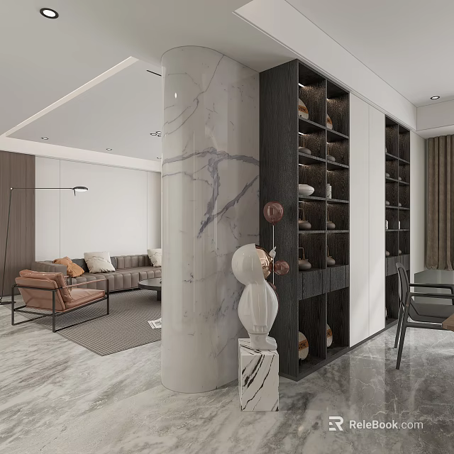 Modern Living Dining Room With Marble Column Brown Sofa And Dark Display Cabinets 3d model 