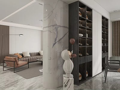 Modern Living Dining Room With Marble Column Brown Sofa And Dark Display Cabinets 3d model