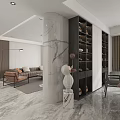 Modern Living Dining Room With Marble Column Brown Sofa And Dark Display Cabinets