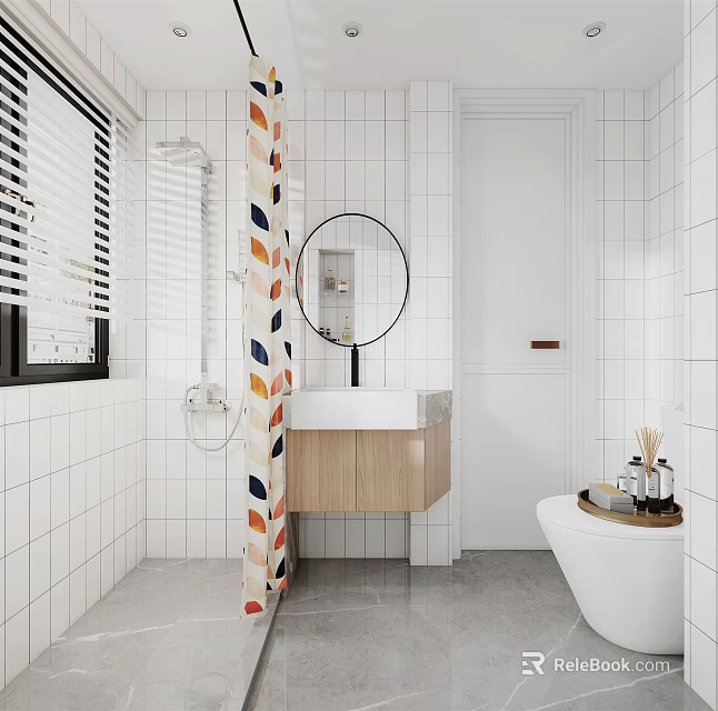 Modern Bathroom Interior With White Tiled Walls Round Mirror Wooden Vanity Colorful Strip And Bathtub 3d model 