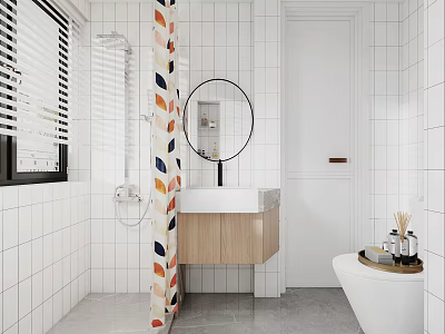 Modern Bathroom Interior With White Tiled Walls Round Mirror Wooden Vanity Colorful Strip And Bathtub 3d model