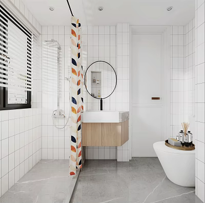 Modern Bathroom Interior With White Tiled Walls Round Mirror Wooden Vanity Colorful Strip And Bathtub 3d model