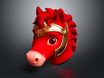 Red Horse Head Sculpture With Golden Armor And Ornate Design Details 3d model