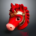 Red Horse Head Sculpture With Golden Armor And Ornate Design Details