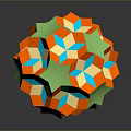 Colorful 3D Geometric Sphere with Orange Green Blue Star Polygons and Reflection