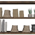 Decorative Ornament Combination With Linen Rope Wrapped Silver Metal And Black Plants On Wooden Shelves