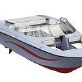 Modern Blue And Red Yacht With Transparent Windshield And Seating Area
