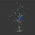 Green Plant with Yellow Flower and Blue Butterfly and Colorful Dots on Black Background