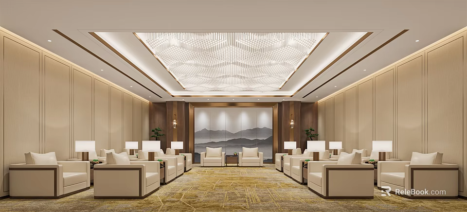 Elegant Modern Hotel Public Lounge Interior With Beige Sofas Chandelier And Landscape Art 3d model 