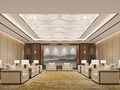 Elegant Modern Hotel Public Lounge Interior With Beige Sofas Chandelier And Landscape Art 3d model