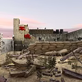 Military Culture Museum Display With Red Military Flag Sandbags And Battlefield Elements