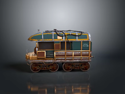 Vintage Train Model with Wooden Brown and Green Exterior Detailed Design on Wheels and Top 3d model