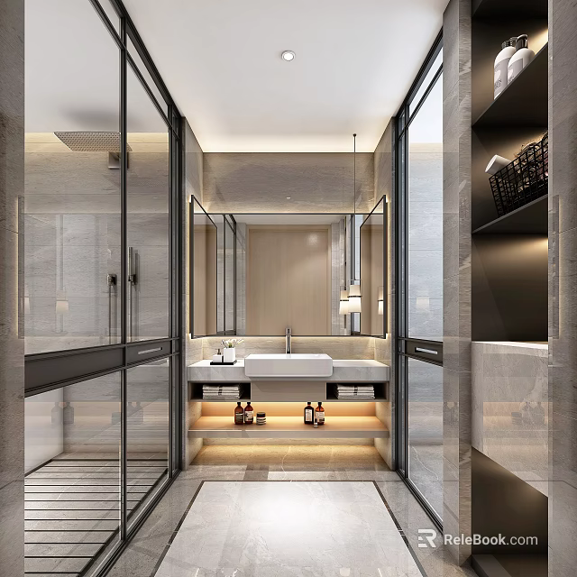Modern Hotel Bathroom Interior Design With Glass Partition Vanity Mirror And Ambient Lighting 3d model 