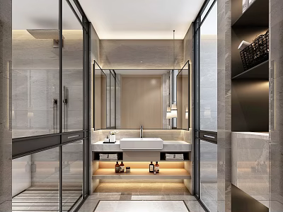 Modern Hotel Bathroom Interior Design With Glass Partition Vanity Mirror And Ambient Lighting 3d model