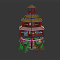 Cartoon Scene Featuring Wooden Tiered Tower With Balconies And Mechanical Base Green Light Beam