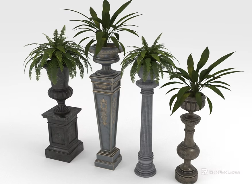 Green Ornamental Plants in Decorative Pots with Various Heights and Designs 3d model 