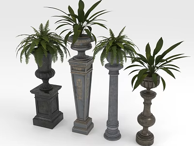 Green Ornamental Plants in Decorative Pots with Various Heights and Designs 3d model