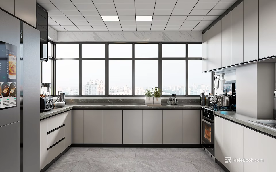 Modern Kitchen Interior Design With Large Windows City View Cabinets Countertop And Oven 3d model 