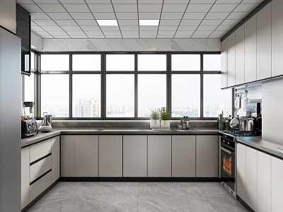 Modern Kitchen Interior Design With Large Windows City View Cabinets Countertop And Oven 3d model