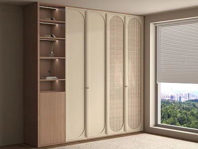 Modern Wardrobe Design With Open Shelves Circular Patterned Doors And Wooden Accents 3d model