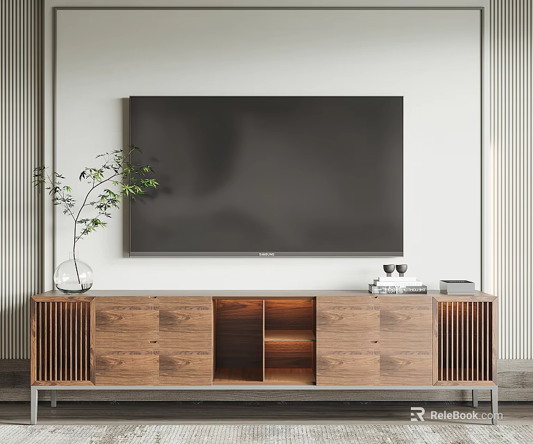 Modern Wooden TV Stand With Drawers Open Shelves Mounted TV And Decorative Plant Items 3d model 
