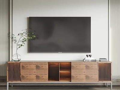 Modern Wooden TV Stand With Drawers Open Shelves Mounted TV And Decorative Plant Items 3d model