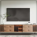 Modern Wooden TV Stand With Drawers Open Shelves Mounted TV And Decorative Plant Items