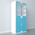 Blue And White Storage Cabinet With Glass Doors And Drawer Design