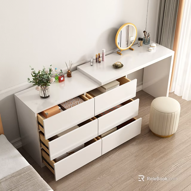 Modern White Dressing Table With Open Drawers Round Mirror Cosmetics Green Plant And Beige Stool 3d model 
