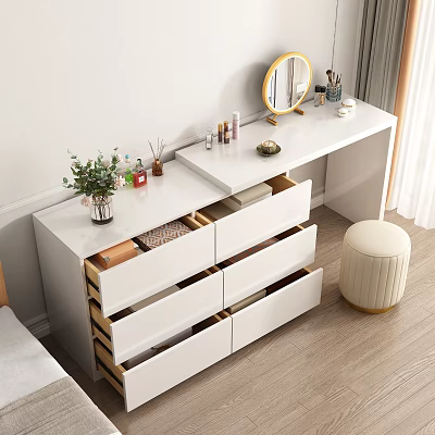 Modern White Dressing Table With Open Drawers Round Mirror Cosmetics Green Plant And Beige Stool 3d model