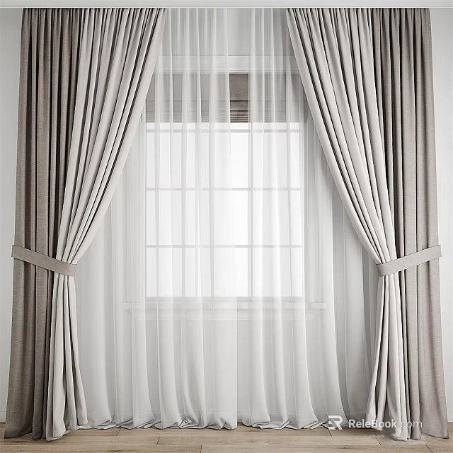 Elegant Gray And White Double Layer Curtains With Tie Backs For Window Decor 3d model 