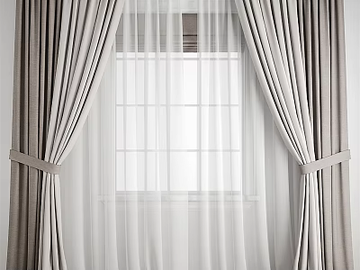 Elegant Gray And White Double Layer Curtains With Tie Backs For Window Decor 3d model