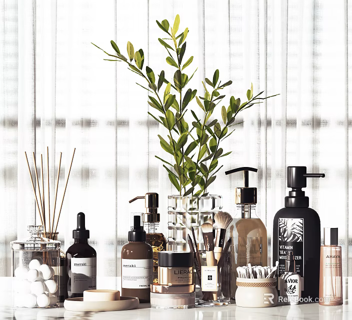 Bathroom Accessories Collection With Green Plant Reed Diffuser Lotion Bottles Brushes And Storage Jars 3d model 