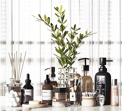 Bathroom Accessories Collection With Green Plant Reed Diffuser Lotion Bottles Brushes And Storage Jars 3d model